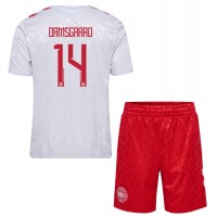 Camiseta Dinamarca Mikkel Damsgaard #14 Visitante Equipación para niños Eurocopa 2024 manga corta (+ pantalones cortos)